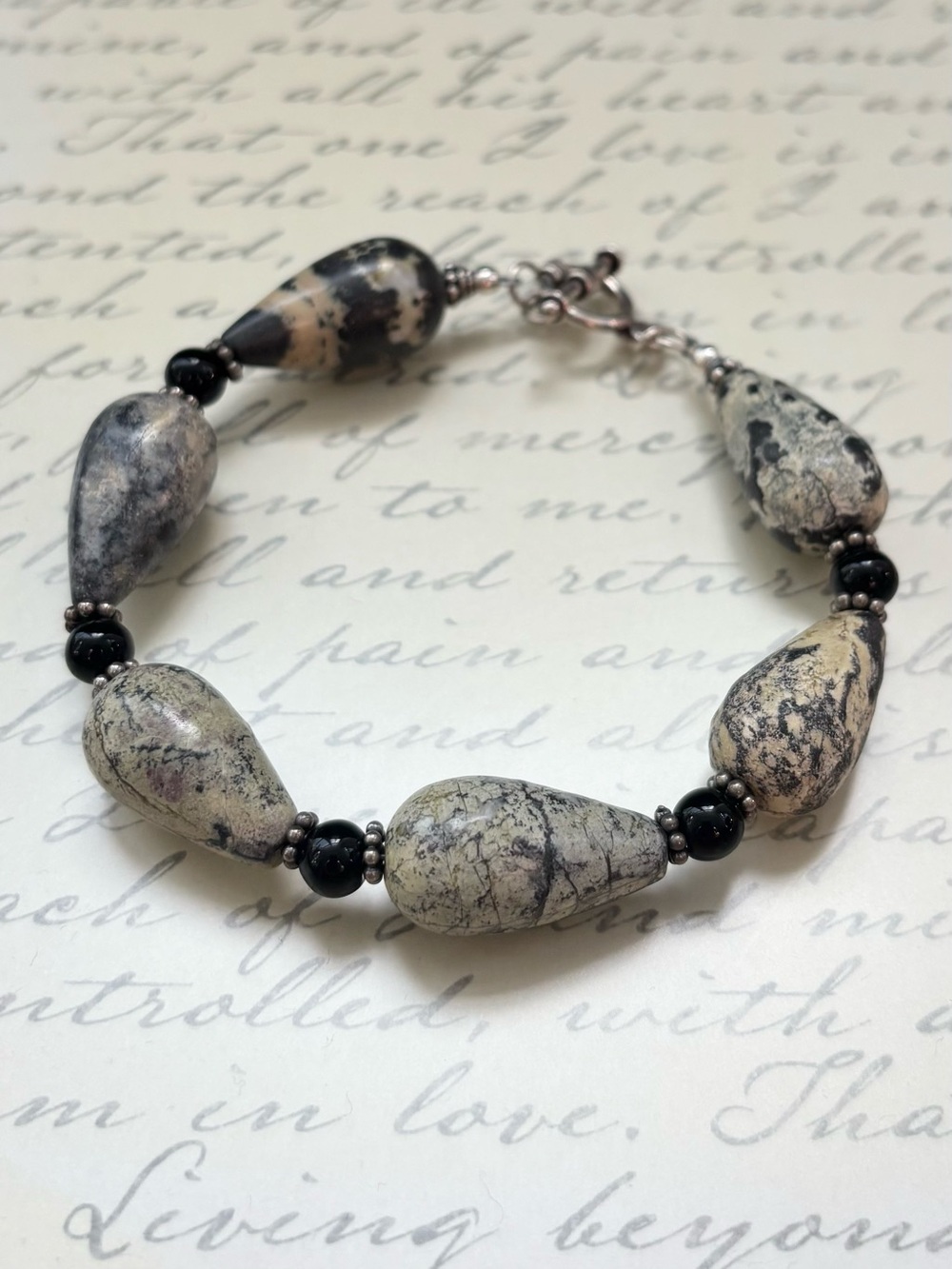 925 Sterling Silver Picasso Jasper & Black Onyx Teardrop Toggle Bracelet